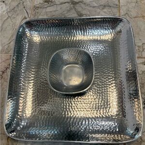 Hammered Silver Square Serving Tray with Bowl
